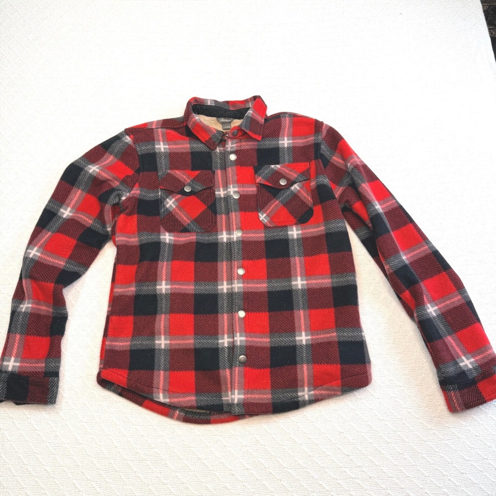 VTG Eddie Bauer Kids Red Black Plaid Sherpa Lined Fleece Shirt Jacket 14/16